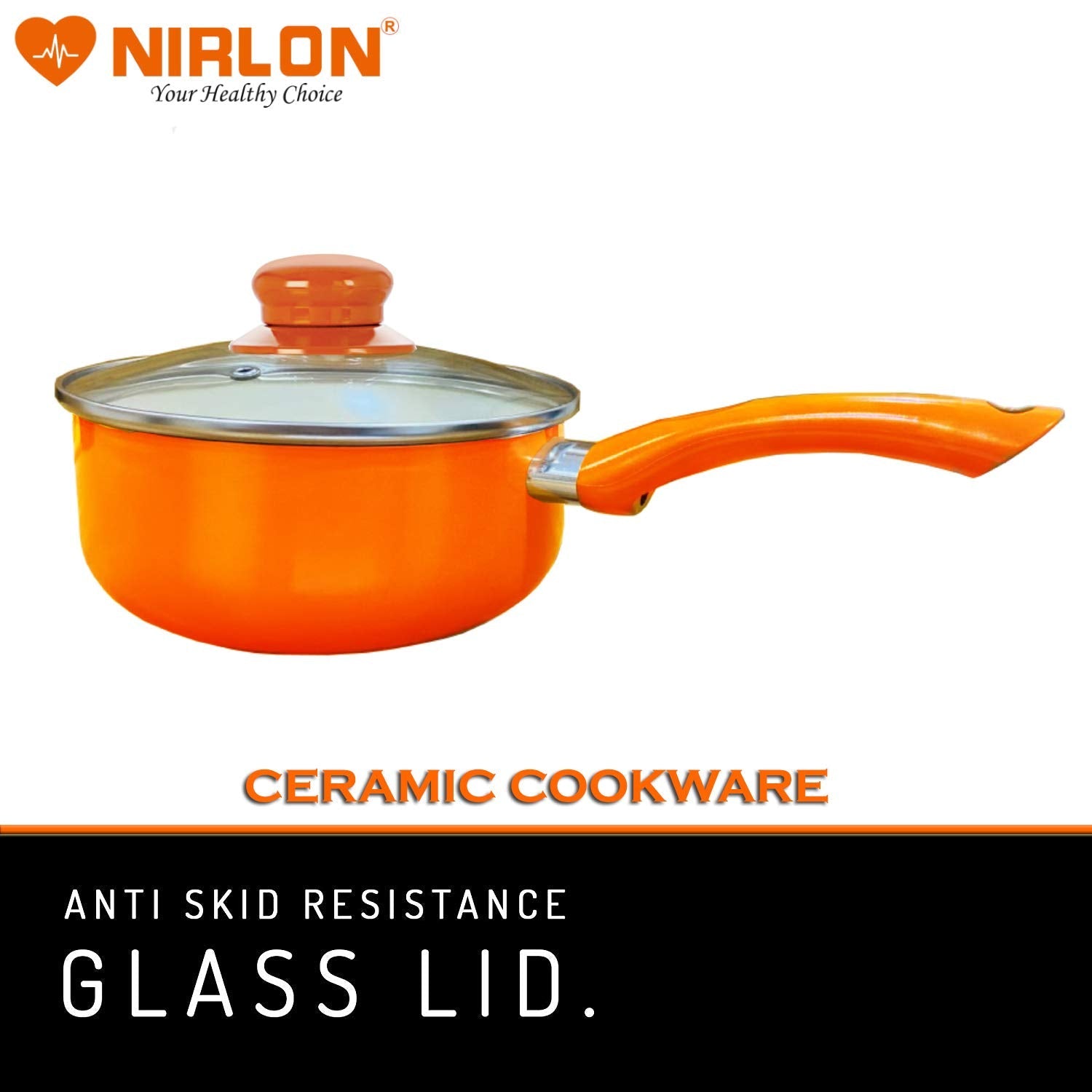 Nirlon Non Stick Induction Base Ceramic Coated Sauce Pan 18cm Diameter (Orange), 1.9 Liter