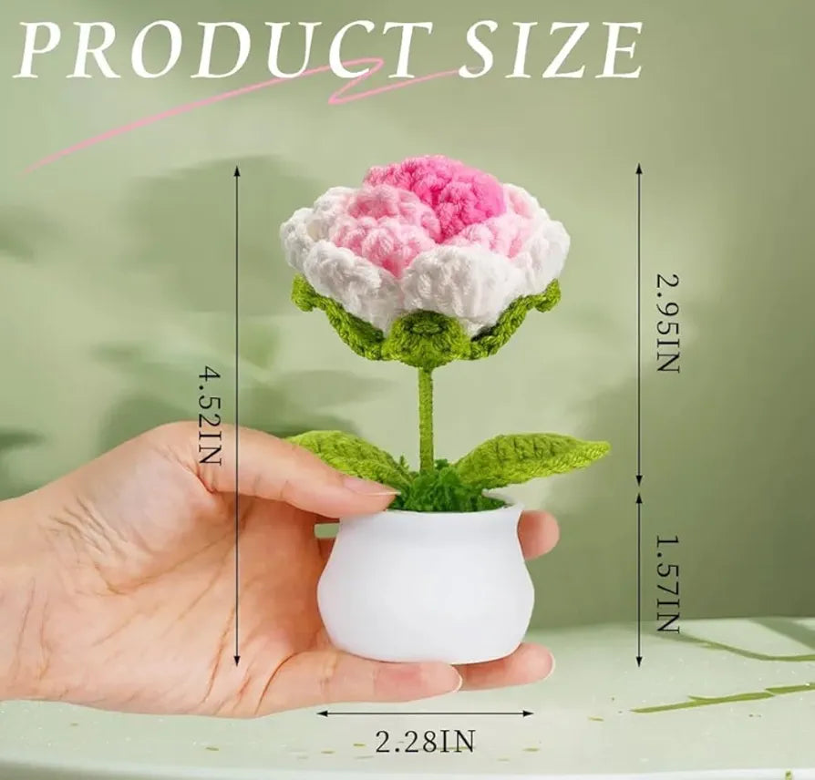 Handmade Crochet Flower Pot Pink Rose Shaded 1 PC. Artificial Flower Knitted Flower