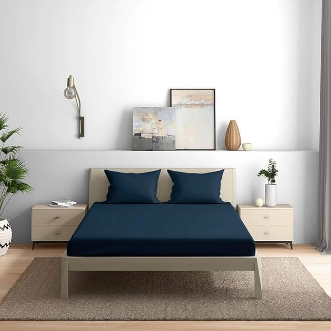 Wakefit Bedsheet for King Size Bedsheet King Size Bed Cotton 2 Pillow Covers Elastic Fitted Sheet Navy Colour