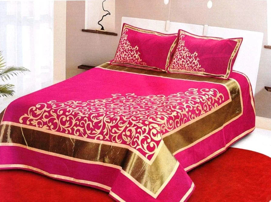 Fresh From Loom Chenille Velvet Abstract 500 TC Heavy Bedsheet for Double Bed King Pink Color with 2 Pillow Covers Half Trangle Pink