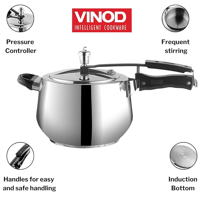 Vinod Europa Stainless Steel Inner Lid Pressure Cooker - 5 Litre | Handi Shape | Sandwich Bottom Cooker | Induction and Gas Base