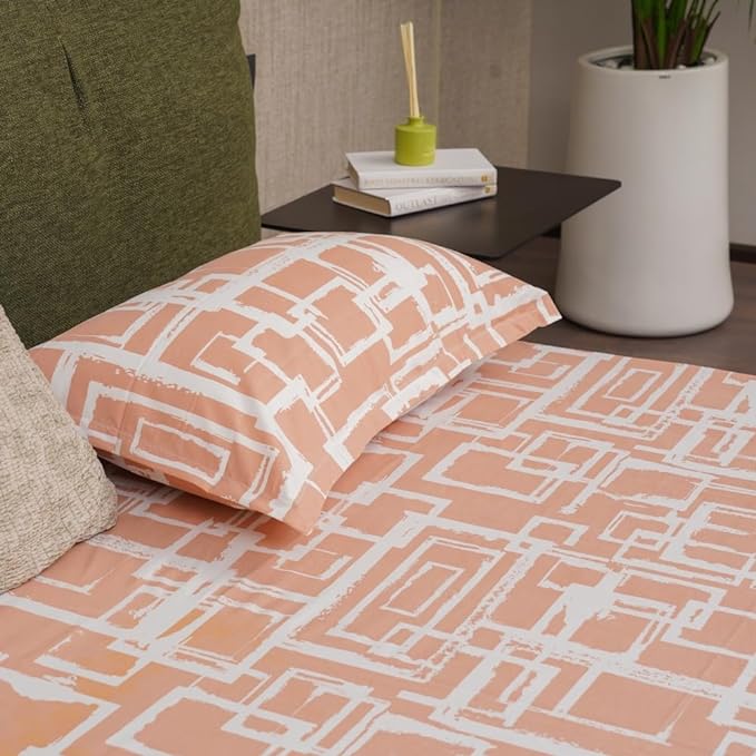 Urban Space Serene Bedsheet for Double Bed 2 Pillow Covers (Colour Checkers Peach)