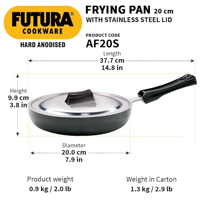 Hawkins Futura 20 cm Frying Pan Hard Anodised Fry Pan with Stainless Steel Lid Small Frying Pan Black