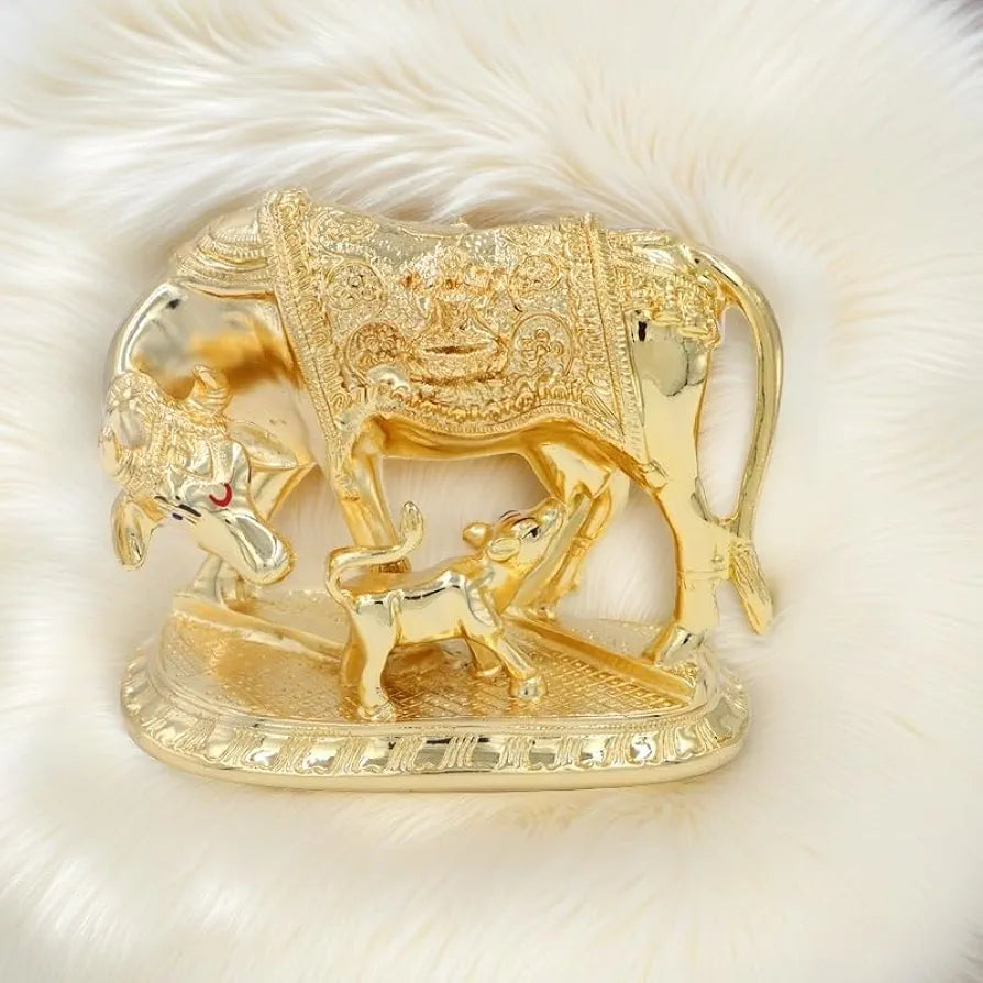 Jaipur Ace Kamdhenu Cow With Calf Statue Standard Size Golden Big Golden Cow