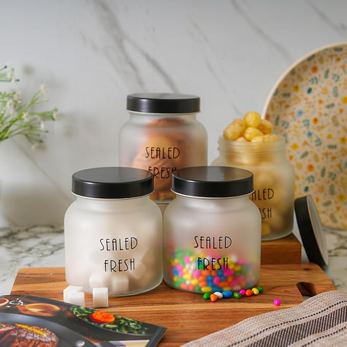 Femora Kitchen Storage Jars Frosted Glass Jar With Steel Lid Air Tight Jar| 700 Ml | Pack of 6 | Black Lid