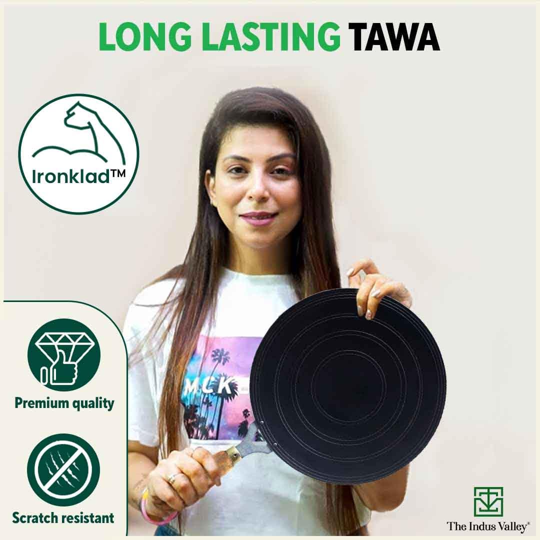 The Indus Valley Pre-Seasoned Iron Tawa for Dosa/Chapathi with Wooden Handle