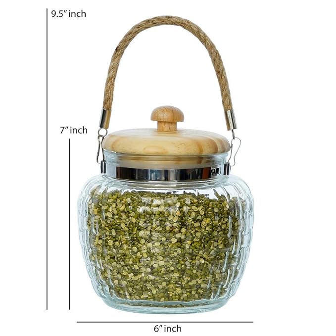 Femora Kitchen Storage Jars Embossed Glass Jar With Wooden Lid & Jute Chain Air Tight Jar | 1500 Ml