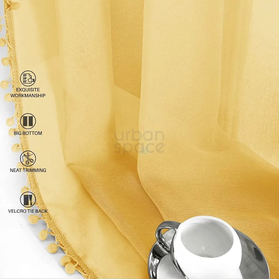 Urban Space Linen Textured Sheer Curtain for Door Room Darkening, Decorative Curtain with Tieback, Eyelets Hanging Style, Set of 2 Curtains Yellow with pom pom