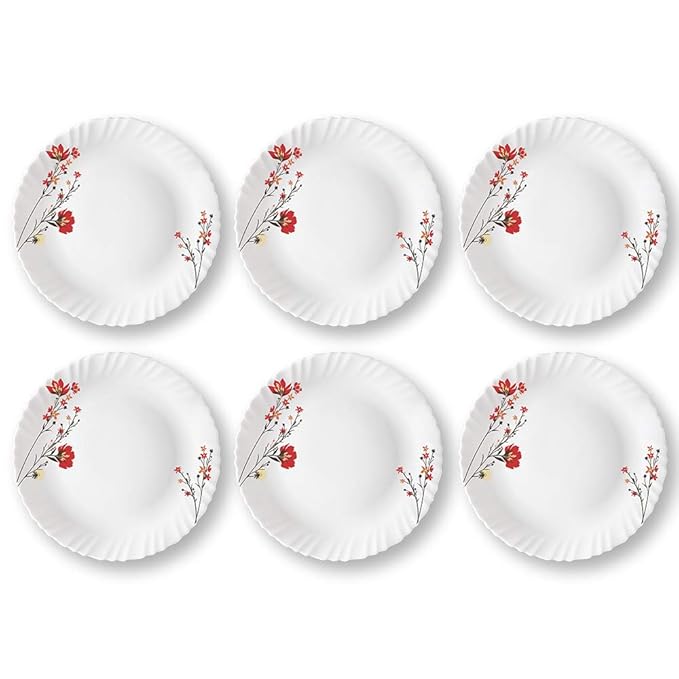 Larah by Borosil Opalware Full Plate | 11 Inch | Set of 6 | Red & White