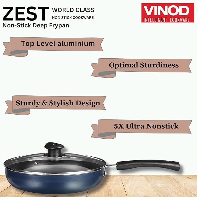 Vinod Zest Aluminium Non Stick Deep Frypan with Glass Lid - 22 cm | 3 Layer Ceramic Coating | 3 mm Extra Thick