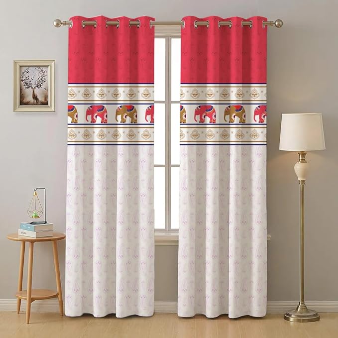 Urban Space Cotton Printed Semi Sheer Curtains For Door Set Of 2 With Eyelets And Tieback (Colour Panel Elephants Red)