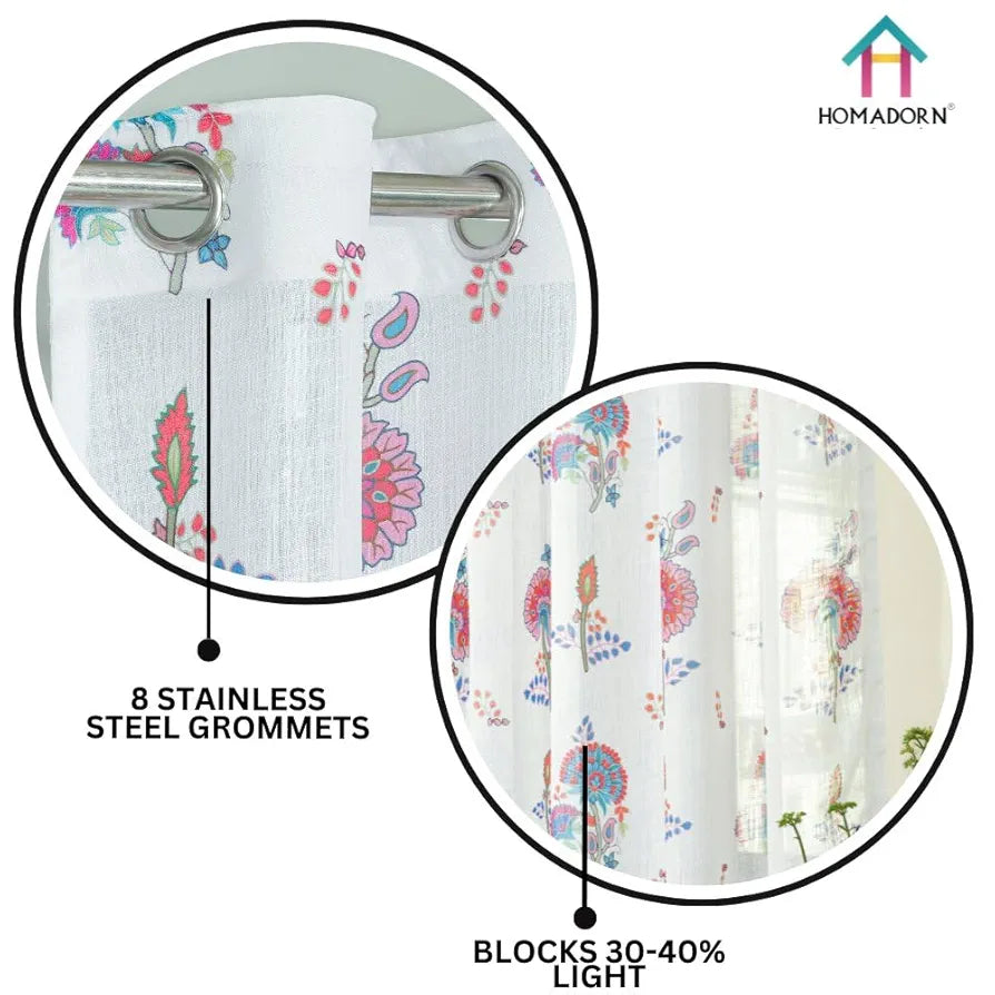 Homadorn Linen Sheer Printed Semi Transparent Curtains for Window Set of 2 Pink Flower