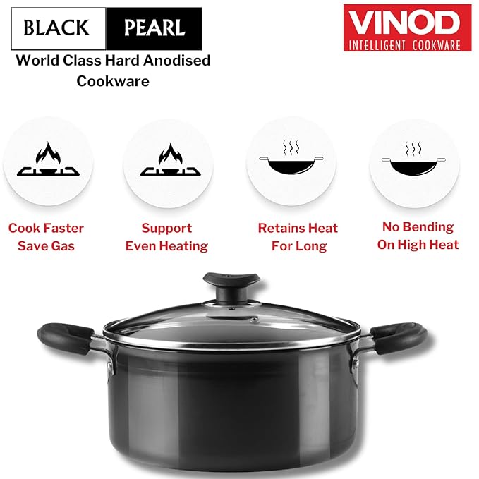 Vinod Black Pearl Hard Anodised Saucepot with Glass Lid 5 Litre, 24cm | 3.25mm Thick | Metal Spoon Friendly | Riveted Sturdy Handles