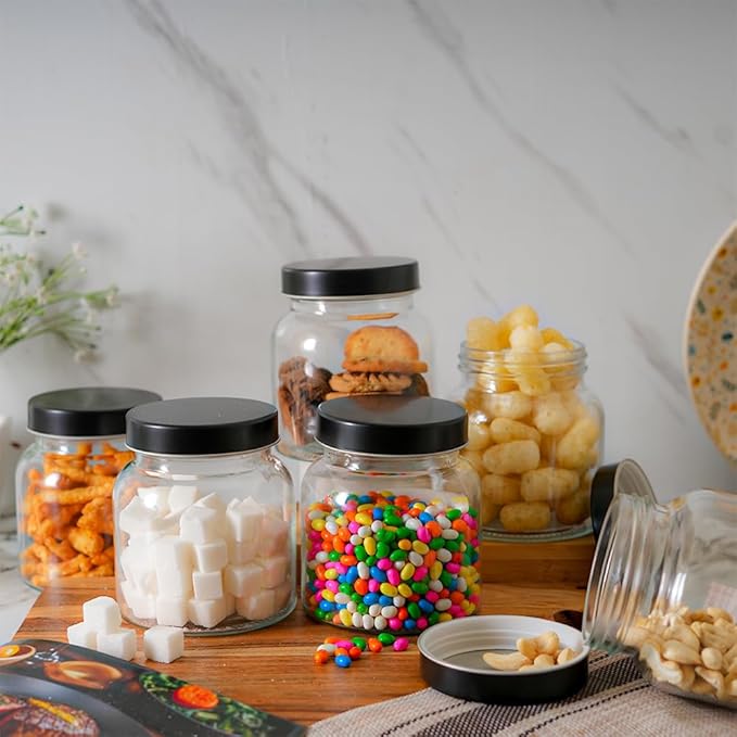 Femora Kitchen Storage Jars Clear Glass Jar With Steel Lid Air Tight Jar | 700 Ml | Pack of 1 | Black Lid