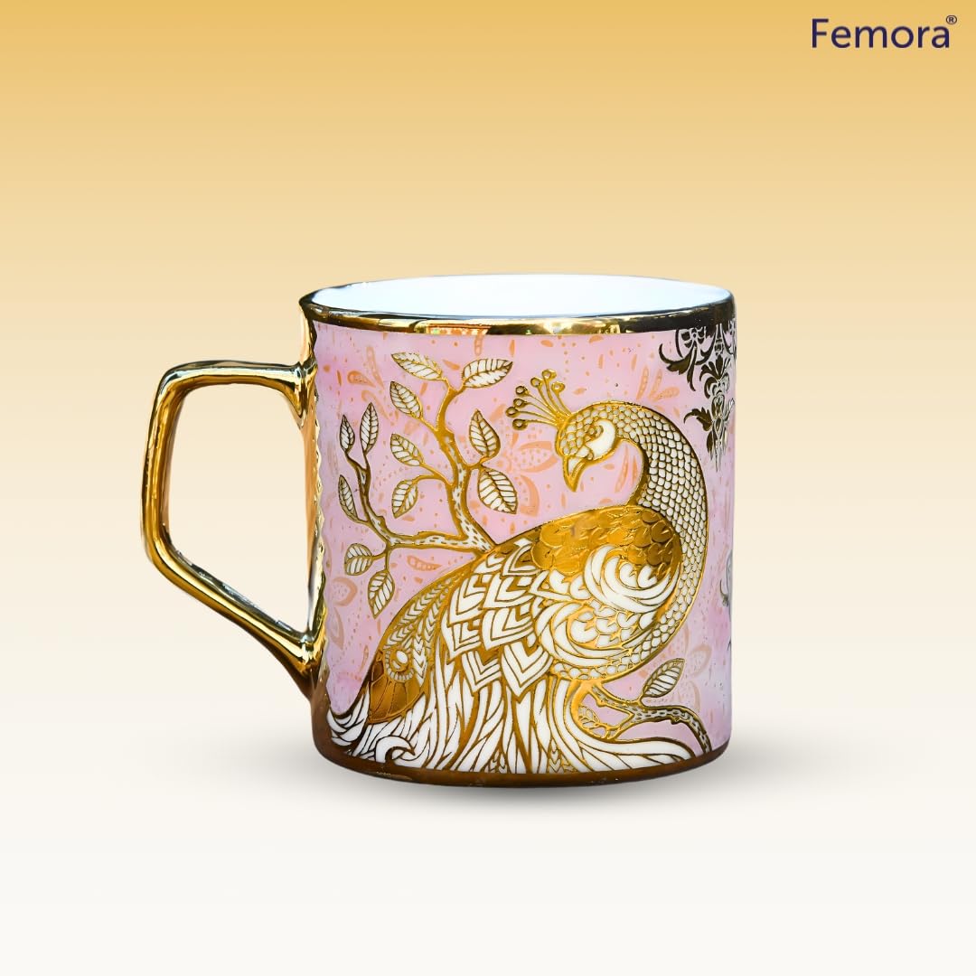 Femora Premium Pink Peacock Pattern Golden Ceramic Coffee & Tea Cup Set of 6 | 180 Ml | Pink