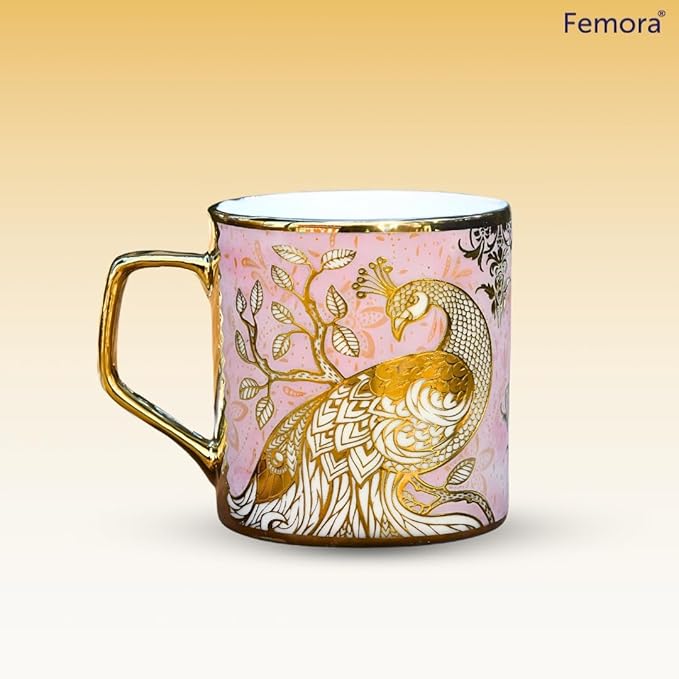 Femora Premium Pink Peacock Pattern Golden Ceramic Coffee & Tea Cup Set of 6 Pink Each - 125 gms