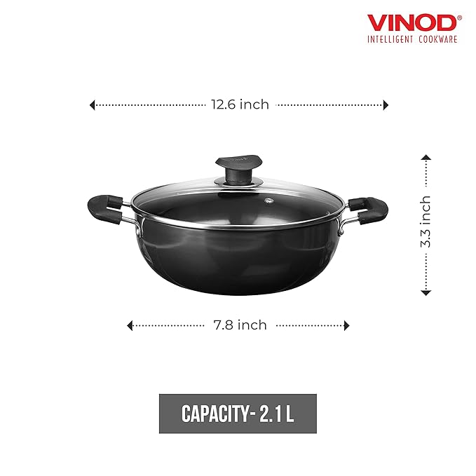 Vinod Black Pearl Hard Anodised Deep Kadai With Glass Lid 2.1 Litres Capacity | 20 Cm Diameter | With Riveted Sturdy Handles | 3.25 Mm Thickness | Black