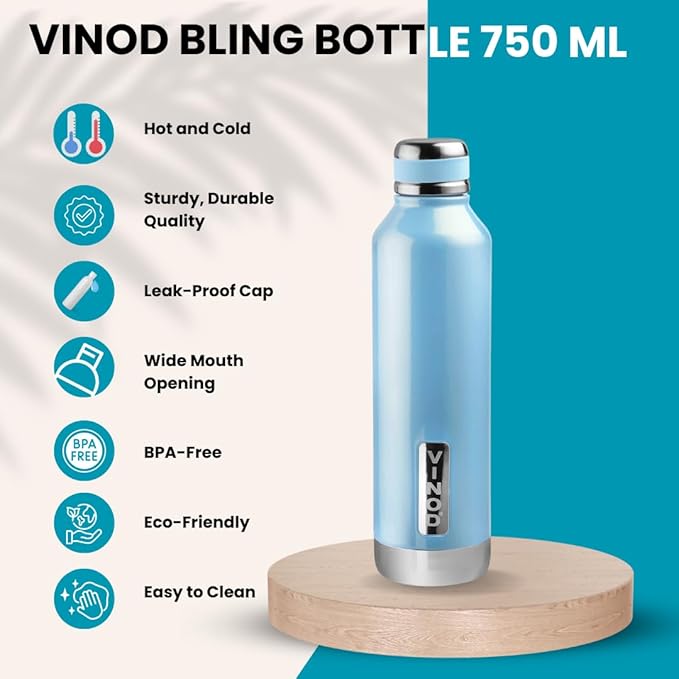 Vinod Bling Stainless Steel Vacuum Insulated Water Bottle - 750ml | Hot & Cold Thermosteel Bottle