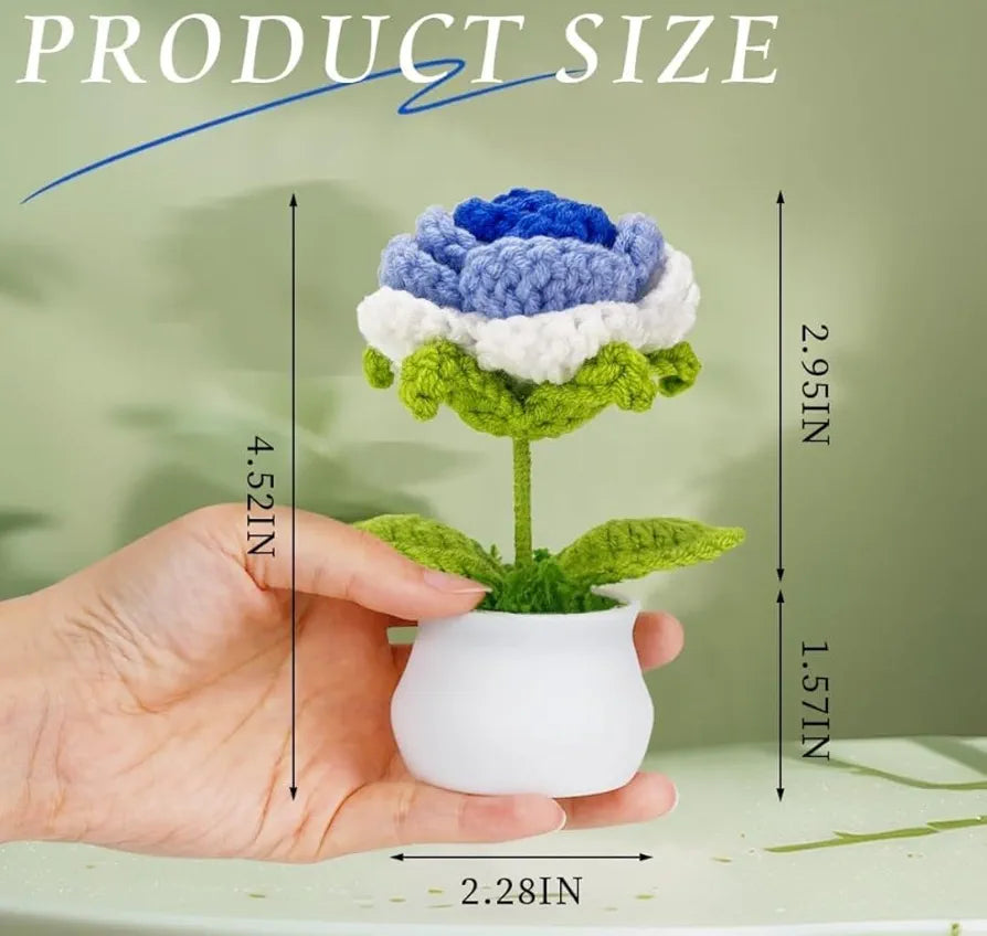 Handmade Crochet Flower Pot Blue Rose Shaded 1 PC Artificial Flower Knitted Flower