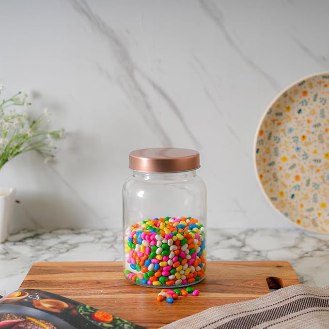 Femora Kitchen Storage Jars Clear Glass Jar With Steel Lid Air Tight Jar | 1000 Ml | Pack of 1 | Golden Lid