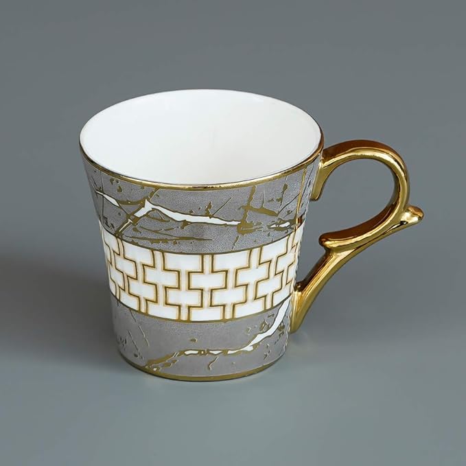 Femora Indian Ceramic Grey Gold Line Tea Cup | 6 Pieces | 155 Ml