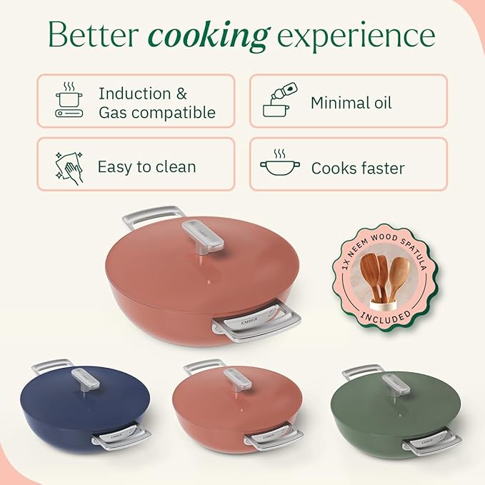 Ember Cookware Arcilla Ceramic Non Stick Kadai 24cm | Metallic Lid | Stainless Steel Handles | Capri Series | Terracotta