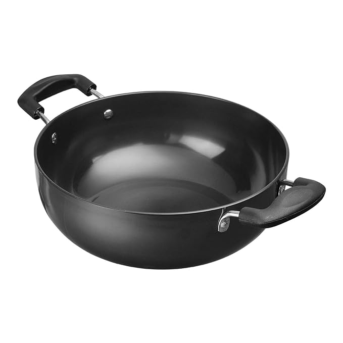 Vinod Black Pearl Hard Anodised Deep Kadai 1.6 litres Capacity (18 cm Diameter), with Riveted Sturdy Handles - 3.25 mm Thickness