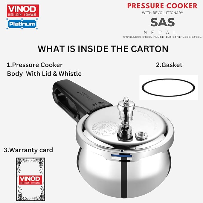 Vinod Splendid Plus Stainless Steel Pressure Cooker Outer Lid 1.5 Litres | SAS Bottom Handi Cooker | Induction and Gas Base