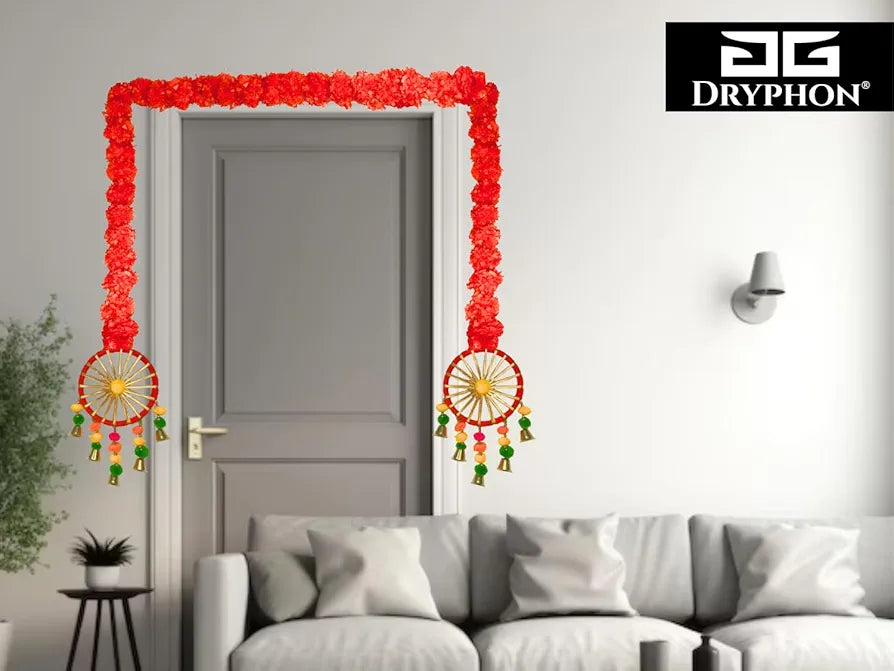 Artificial Marigold Flowers for Decoration with Pom Pom Ring Bell Hanging Orange