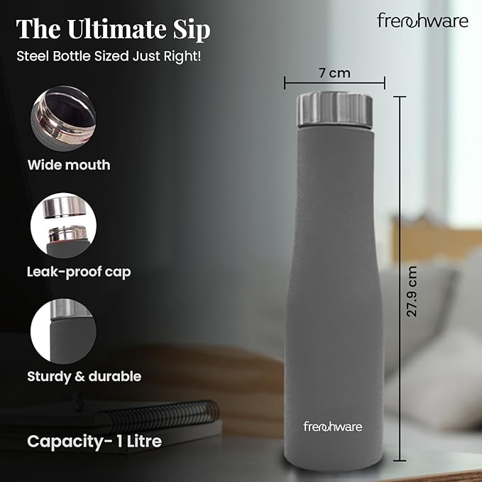 Frenchware Water Bottle 1 Litre, Stainless Steel, Premium SS 304, Misty Slate | Easy-to-Clean