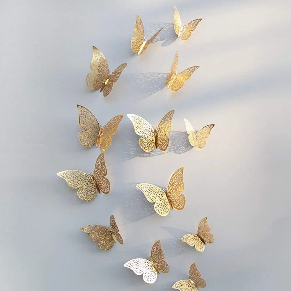 Xtore 12pcs 3D Home Decor Butterfly with Sticking Pad Golden