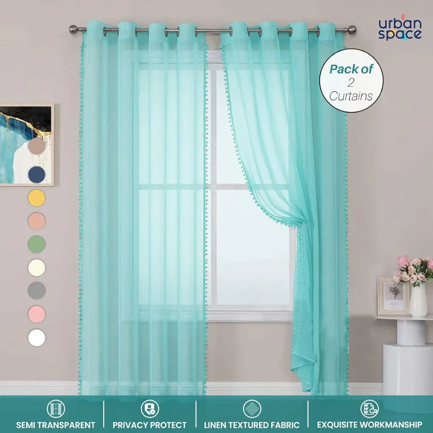 Urban Space Linen Textured Sheer Curtains for Door 7 feet, Curtains for Living Room with Eyelets, Set of 2 Sheer Decorative Curtains Aqua Blue