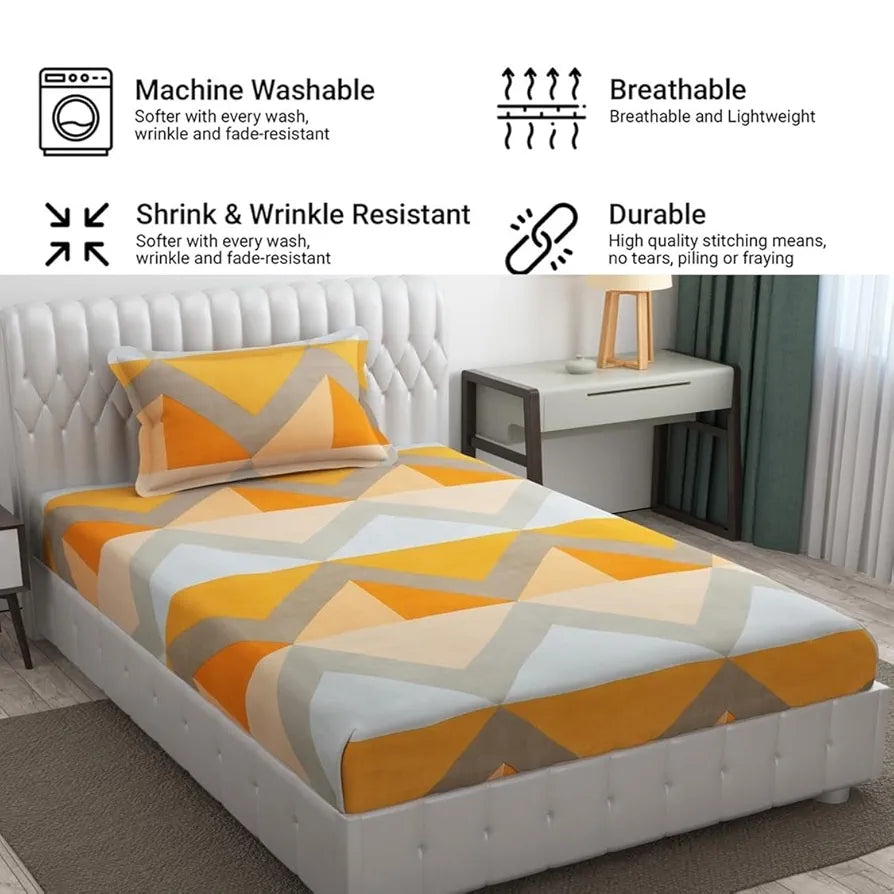 Fresh From Loom Single Bed Floral Design Microfiber Single Bedsheet Hypo-Allergenic Bedsheets Bedcover Wrinkle Free Includes 1 Pillow Covers 144 TC Chevron Orange