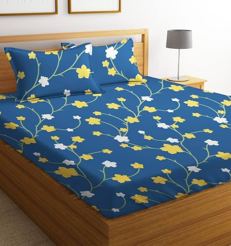 BSB Home Prime Collections 160tc Pure Microfiber Glace Cotton Double Bedsheet with 2 King Size Pillow Covers-Yellow and White