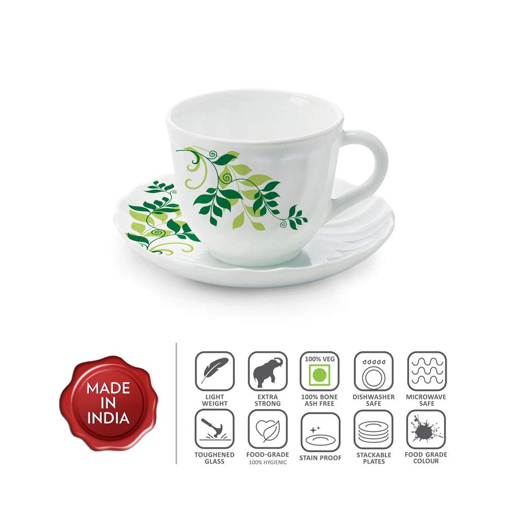 Larah by Borosil Fern Cup and Saucer Set | Set of 6 | 12-piece | 200 Ml Each | White