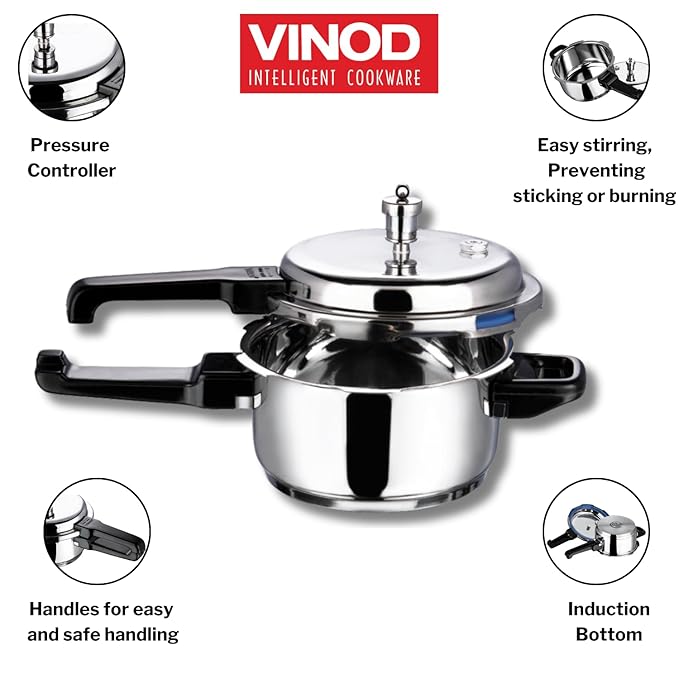 Vinod 18/8 Stainless Steel Pressure Cooker Outer Lid 5 Litre | Unique Sandwich Bottom Cooker | Induction and Gas Base