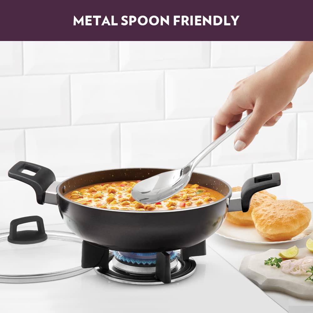 Borosil Granito Non-Stick Kadhai with Glass Lid | Induction Friendly | Granite Finish | PFOA-Free | 26 cm Diameter