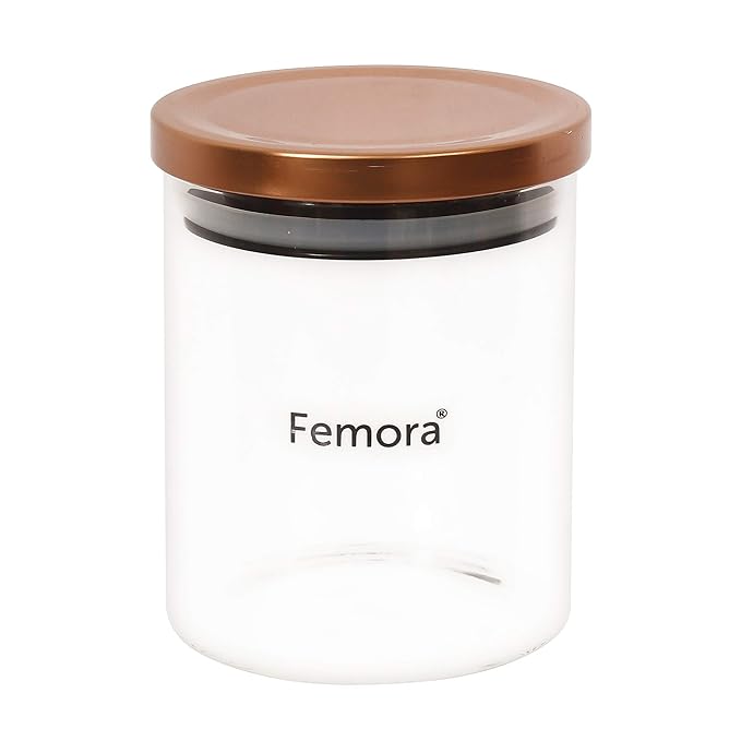 Femora Borosilicate Glass Jar With Golden Metallic Lid, Jars for Kitchen Storage | 600 Ml | Set of 3