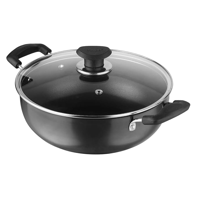 Vinod Hanos Hard Anodised Non Stick Deep Kadhai with Glass lid - 2.6 Litre, 22 cm | 3.25mm Thick | 5X Non Stick