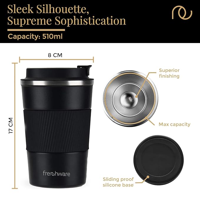 Frenchware Coffee Mug | 510 Ml | Tumbler, Flask for Tea Coffee, Insulated Coffee Mug | Coffee Mug With Leakproof Lid | Black