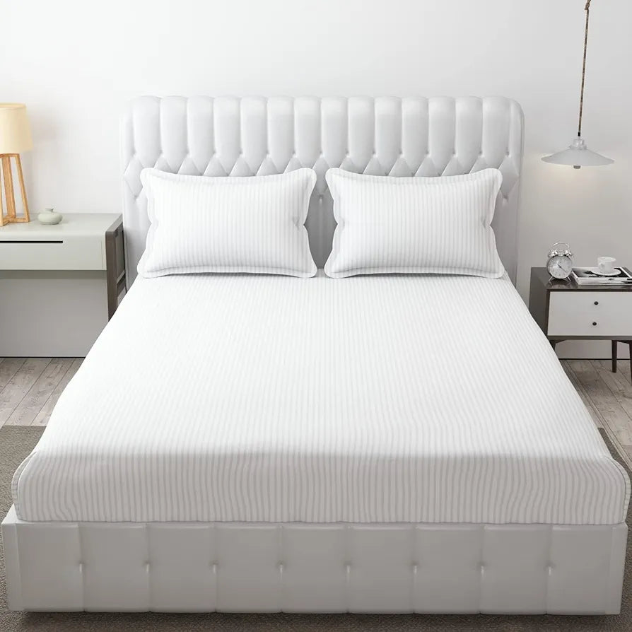 Fresh From Loom 300 TC Soft Skin Safe Breathable Queen Size Flat Striped Bedsheets Double Bedsheet Set with 2 Pillow Covers White