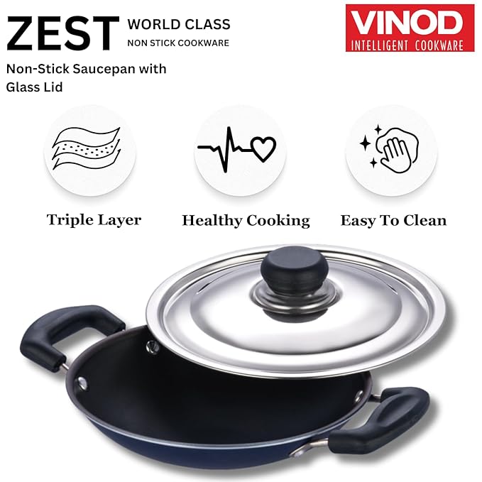 Vinod Zest Non Stick Appachetty with Lid - 20 cm| Appam Pan | 3 mm Extra Thick | 3 Layer Coating