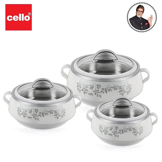 Cello Glitter Casserole With Inner Steel | Insulated Stainless Steel Inner Body Casserole Set for Meal | Set of 3