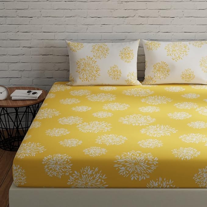Huesland by Ahmedabad Cotton 144 TC Bedsheet for King Size Bed with 2 Pillow Covers | Yellow & White
