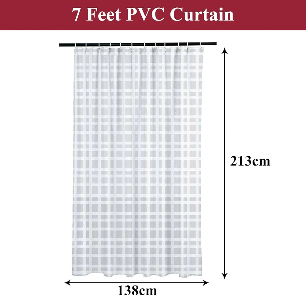 Kuber Industries PVC Shower Checkered Light-Filtering Curtain White with Hooks for Bathroom