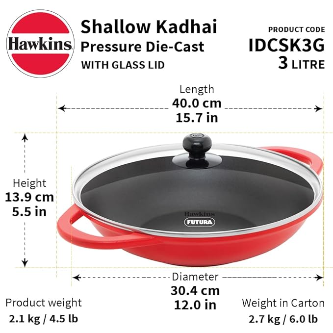 Hawkins 3 Litre Shallow Kadhai Die Cast Non Stick Frying Pan with Glass Lid