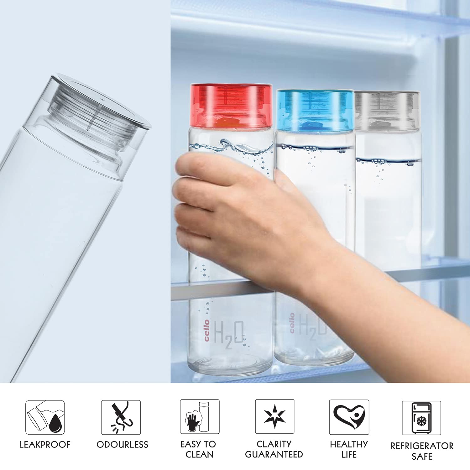 Cello H2o Glass Fridge Water Bottle With Plastic Cap | 920 ml | Set of 6