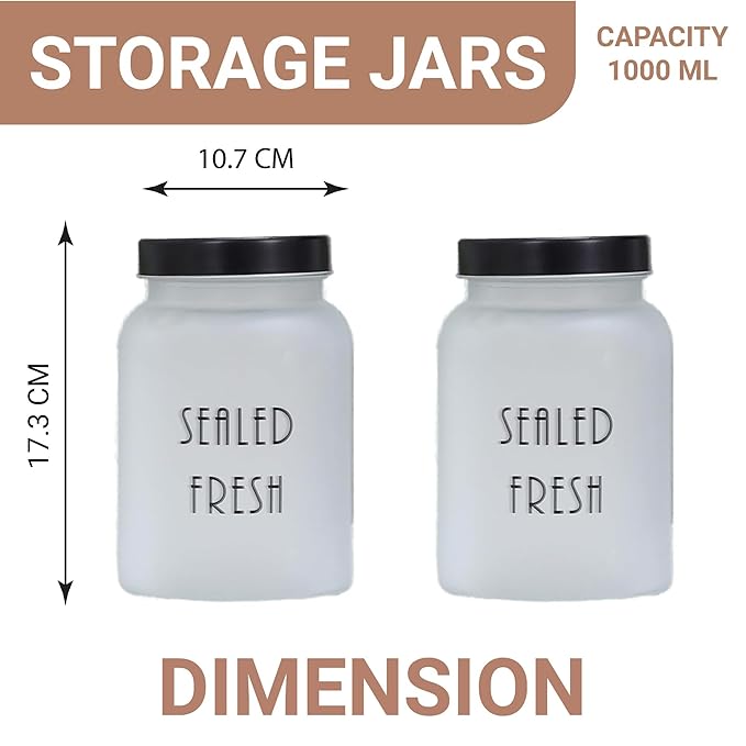 Femora Kitchen Storage Jars Frosted Glass Jar With Steel Lid Air Tight Jar | 1000 Ml | Pack of 2 | Black Lid