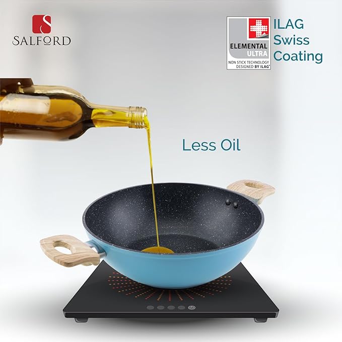 Salford by Ucook Forged Non-stick Kadhai + Glass Lid With Soft Touch Wooden Handle | Black Spatter Finish Dusty Blue- 240mm | 2.5 Litre