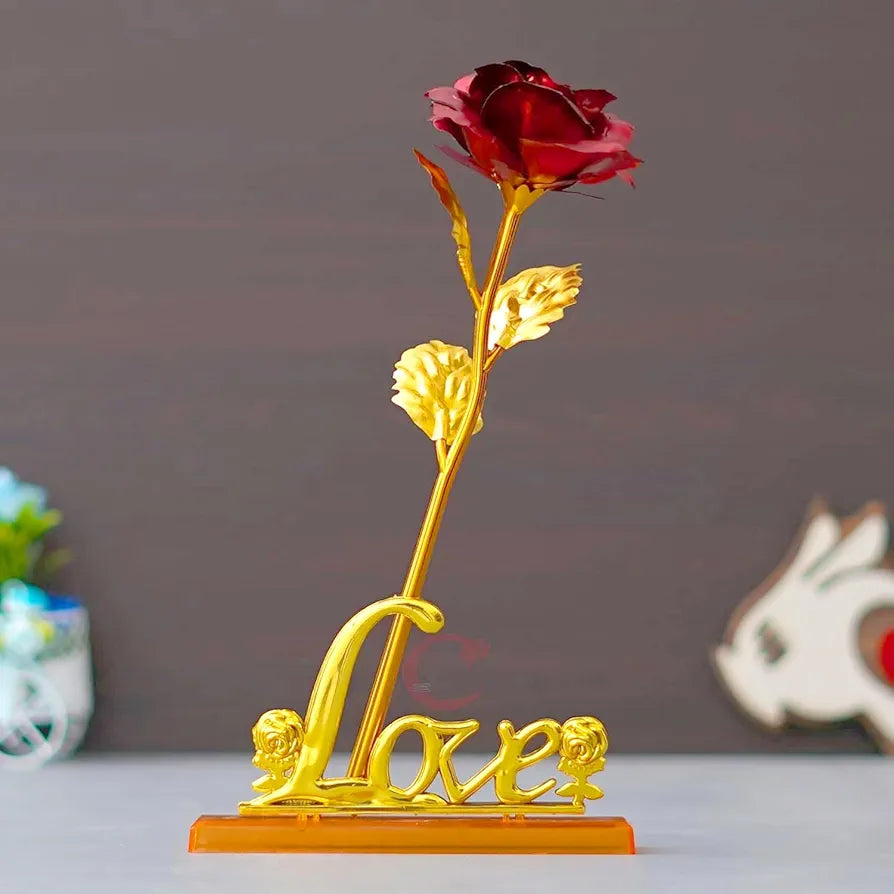 Golden Red Rose Flower with Love Showpiece
